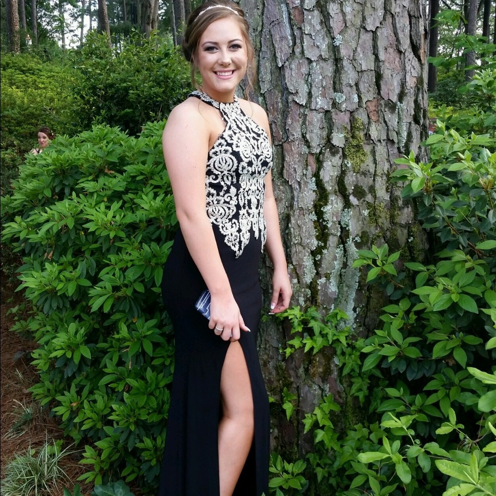 black prom dress with floral detail